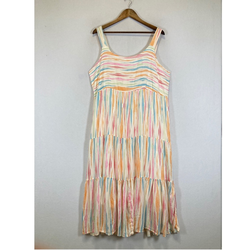Boho‎ Linda Anderson Womens XXL Multi Color Striped Tiered Smocked Midi Dress